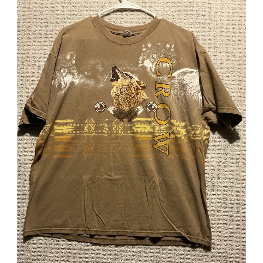 ALSTYLE apparel Vintage T Shirt Khaki WOLVES CROW Aztec Accent Print 90's